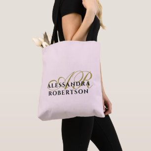 Bolso De Tela Monograma Personalizado Pastel Oro Rosa Negro Mini