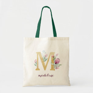 Bolso De Tela Monograma personalizado púrpura floral del verdor