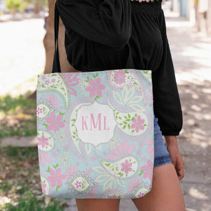 Bolso De Tela Monograma Personalizado rosa Paisley elegante