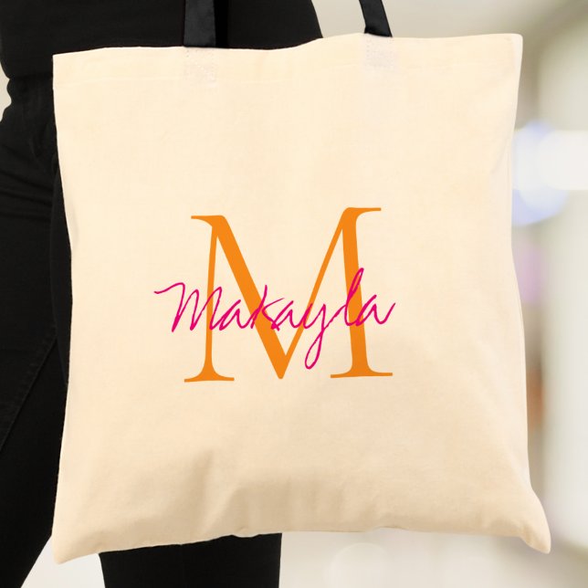 Bolso De Tela Monograma Personalizado Rosa Script (Subido por el creador)
