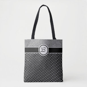 Bolso De Tela Monograma Plata Brillo y Moda Chic Negra