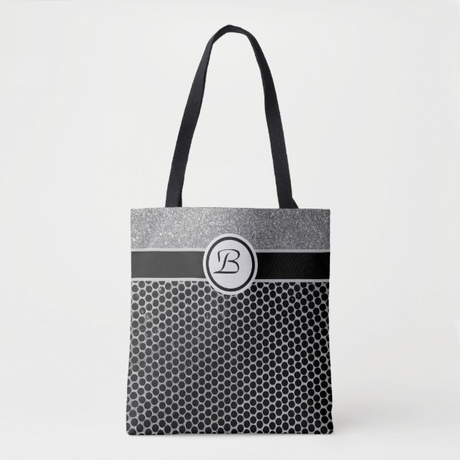 Bolso De Tela Monograma Plata Brillo y Moda Chic Negra (Anverso)