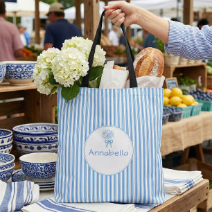 Bolso De Tela Monograma Preppy de Raya Azul Blanca Caprichosa