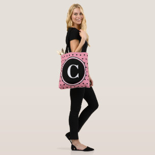 Bolso De Tela Monograma puntos de polka negra rosada blanca