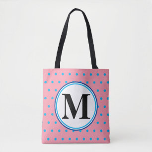 Bolso De Tela Monograma puntos geométricos de polka azul rosado