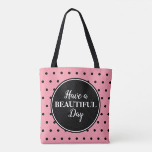Bolso De Tela Monograma puntos rosados de polka negra