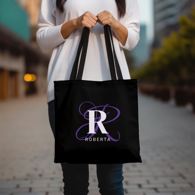 Bolso De Tela Monograma Purple Black Script Name Stylish (Subido por el creador)