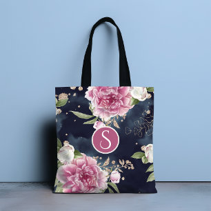 Bolso De Tela Monograma Purpurina acuarela Floral azul rosa Giro
