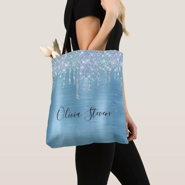 Bolso De Tela monograma purpurina de goteo de agua azul de hielo (Detalle)