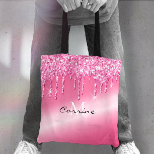 Bolso De Tela Monograma Purpurina de goteo rosa caliente Nombre