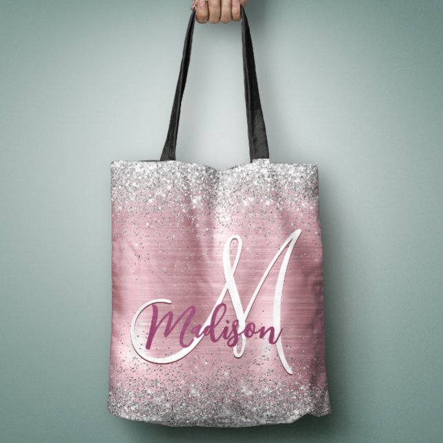 Bolso De Tela Monograma purpurina de imitación plateado con rosa (Subido por el creador)