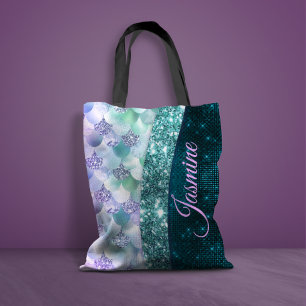 Bolso De Tela Monograma purpurina de imitación plateado verde az