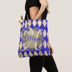 Bolso De Tela Monograma Real de Glam Azul y Oro
