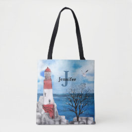 Bolso De Tela Monograma Red & Blue Lighthouse Watercolor Art