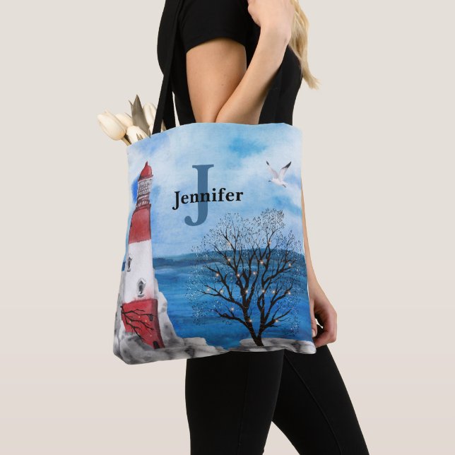 Bolso De Tela Monograma Red & Blue Lighthouse Watercolor Art (Detalle)