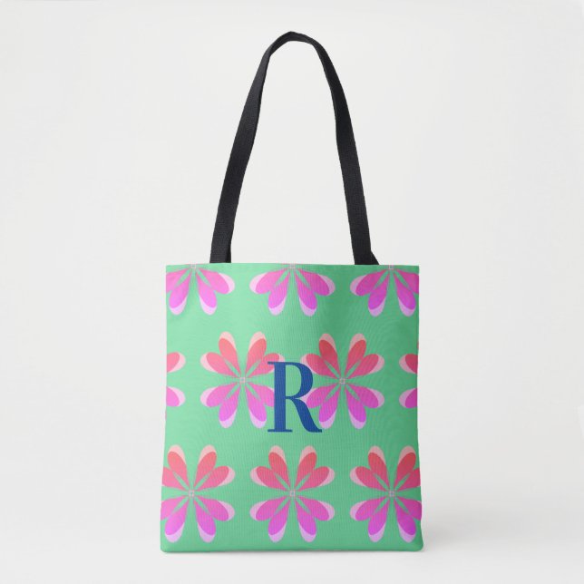 Bolso De Tela Monograma retro rosa verde floral (Anverso)