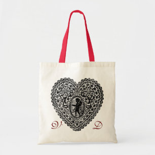 BOLSO DE TELA MONOGRAMA ROJO DE CORAZÓN DE COLOR CUPIDO, NEGRO Y