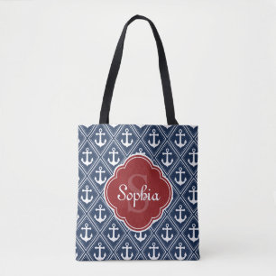 Bolso De Tela Monograma rojo del patrón de ancla azul