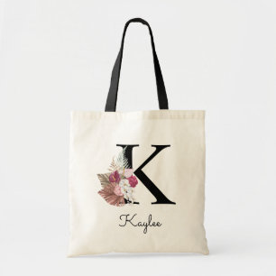 Bolso De Tela Monograma Rosa Boho Femenino Floral Inicial K