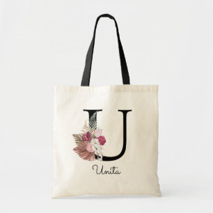 Bolso De Tela Monograma Rosa Boho Femenino Floral Inicial U