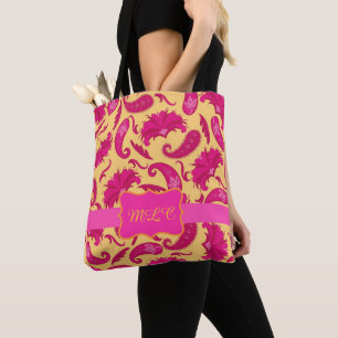Bolso De Tela Monograma rosa brillante amarillo páisley personal