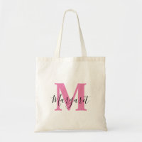 Monograma rosa Nombre de guión negro Tote Bag
