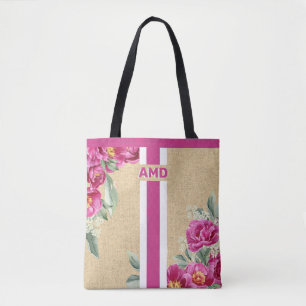 Bolso De Tela Monograma Rosa Peony Faux Burlap Jute