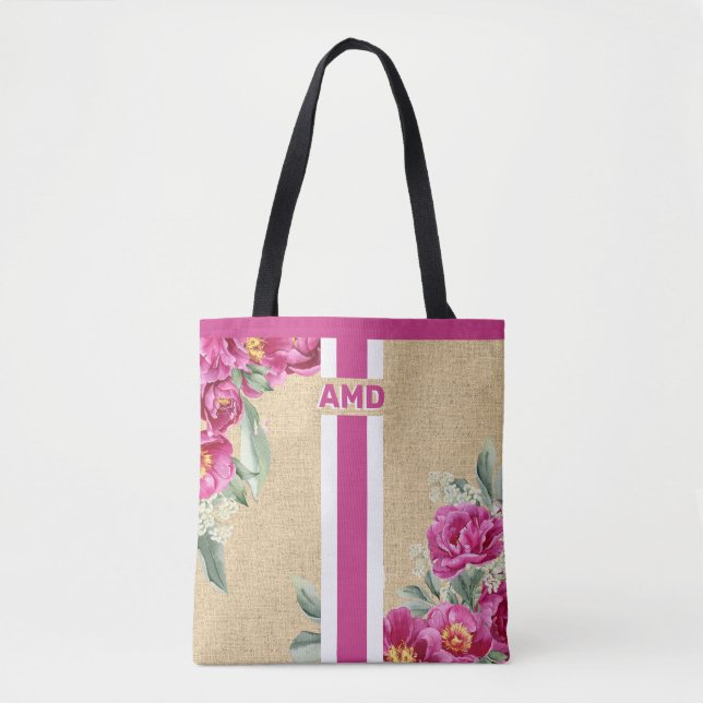 Bolso De Tela Monograma Rosa Peony Faux Burlap Jute (Anverso)