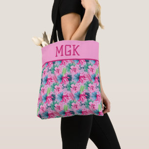 Bolso De Tela Monograma Rosa Verde Azul Floral Brillante Tropica