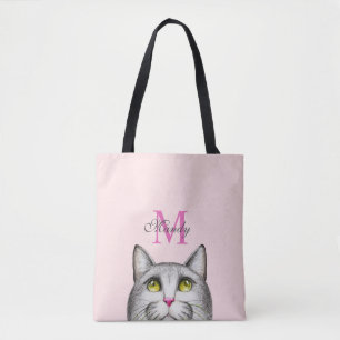 Bolso De Tela Monograma Rosa Y Gris Calientes Sobre Cara De Gato