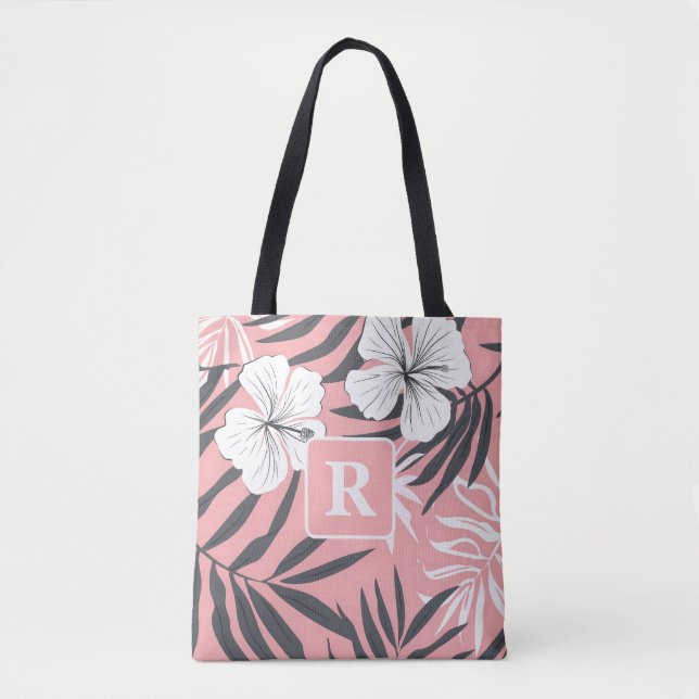 Bolso De Tela Monograma rosado Tropical Hibiscus personalizado (Anverso)