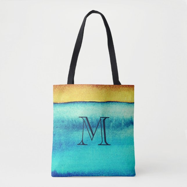 Bolso De Tela Monograma Rústico Azul y Oro (Anverso)