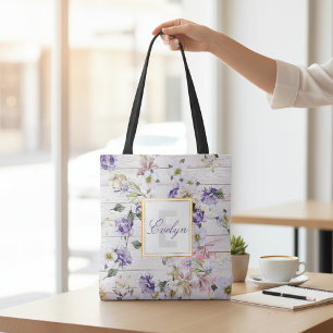 Bolso De Tela Monograma Rústico Romántico de Floral Púrpura de M