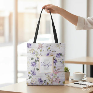 Bolso De Tela Monograma Rústico Romántico de Floral Púrpura de M
