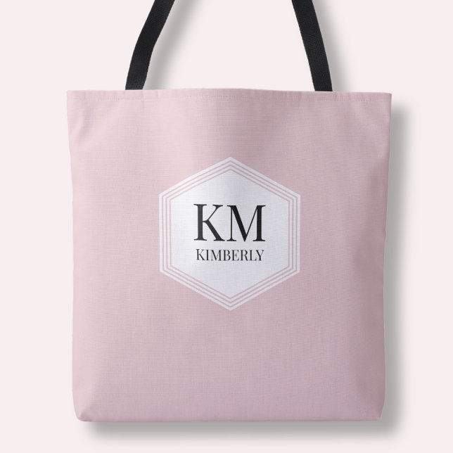 Bolso De Tela Monograma sencillo rosa moderno elegante nombre pe (Simple Monogram Pink Modern Elegant Custom Name Tote Bag)