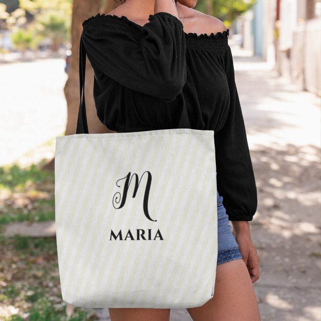 Bolso De Tela Monograma simple Personalizado con rayas de oro (Simple monogram gold striped tote bag)