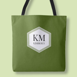 Bolso De Tela Monograma Simple Verde  Nombre Personalizado Moder