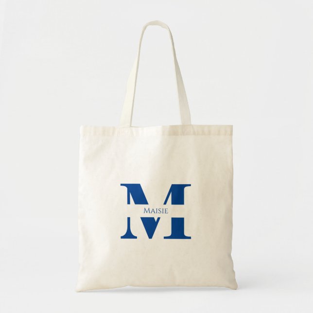 Bolso De Tela Monograma simple y elegante azul personalizado (Frente)