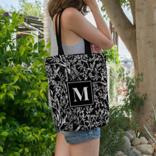 Bolso De Tela Monograma Texto Flor floral Escala de grises