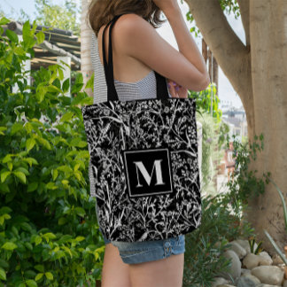 Bolso De Tela Monograma Texto Flor floral Escala de grises