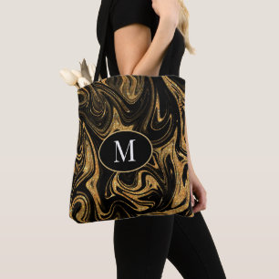 Bolso De Tela Monograma Tote Bag Purpurina De Oro En Fondo Negro