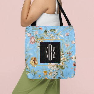 Bolso De Tela Monograma, Tote Bella Artes Florals de Sky Blue 16