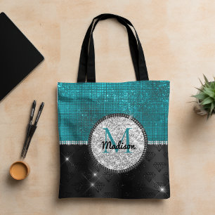 Bolso De Tela Monograma turquesa negro Purpurina de moda falso p