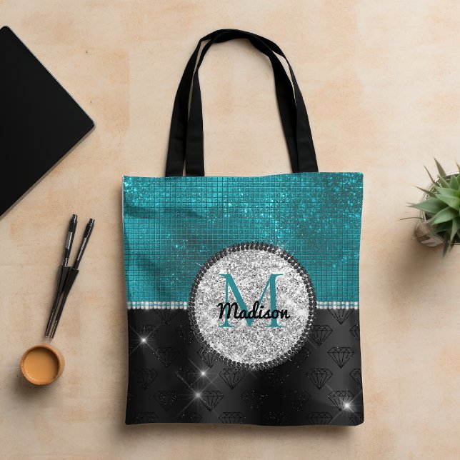 Bolso De Tela Monograma turquesa negro Purpurina de moda falso p (Subido por el creador)