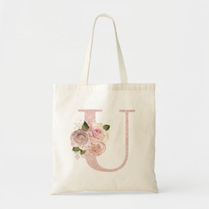 Bolso De Tela Monograma U floral rosa pálido dorado glitter feme