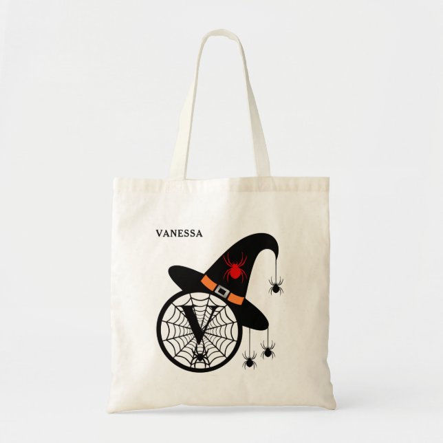 Bolso De Tela Monograma V Arañas Brujas de Halloween Tu Nombre (Frente)