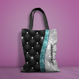 Bolso De Tela Monograma verde azulado negro de moda faux purpuri