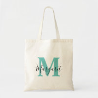 Monograma verde azulado Nombre de guión negro Tote