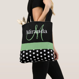 Bolso De Tela Monograma verde blanco negro guión de puntos de po