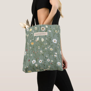 Bolso De Tela Monograma Verde Salvia Amarillo Blanco Flores Silv